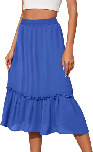 Women's Midi Summer Flowy Swing A-Line Skirts Casual Elastic Waist Tiered Long Skirt Beach Vacation Outfits Clothes
