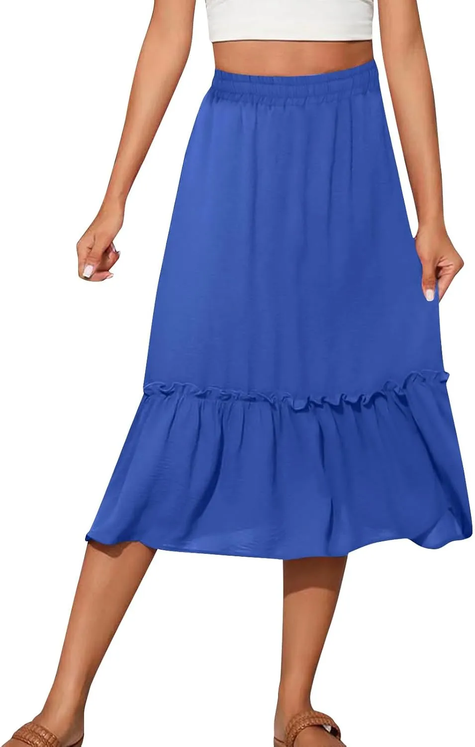 Women's Midi Summer Flowy Swing A-Line Skirts Casual Elastic Waist Tiered Long Skirt Beach Vacation Outfits Clothes
