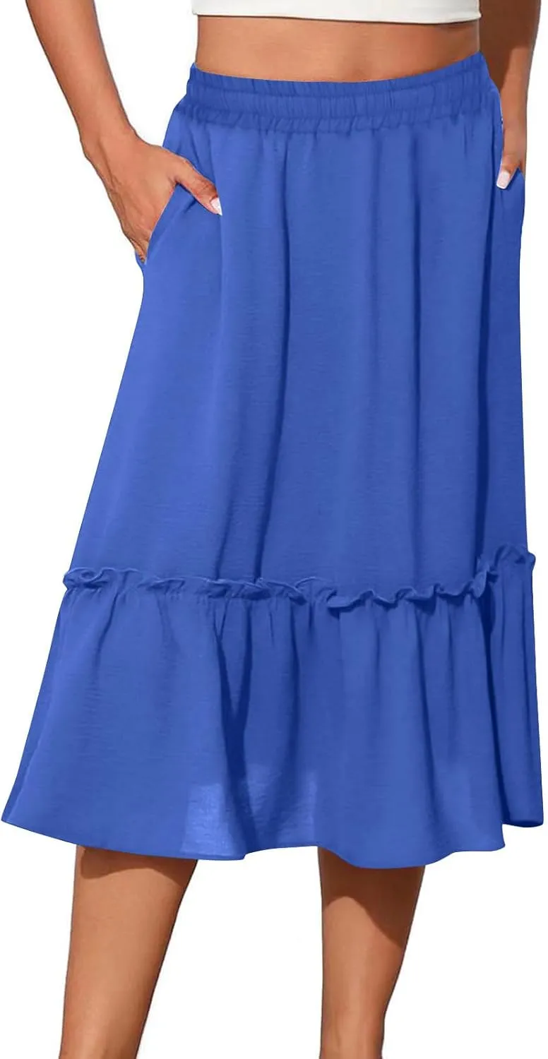 Women's Midi Summer Flowy Swing A-Line Skirts Casual Elastic Waist Tiered Long Skirt Beach Vacation Outfits Clothes