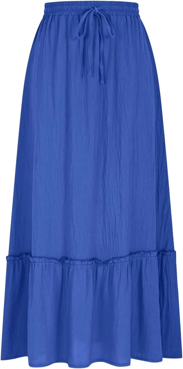 Women's Midi Summer Flowy Swing A-Line Skirts Casual Elastic Waist Tiered Long Skirt Beach Vacation Outfits Clothes