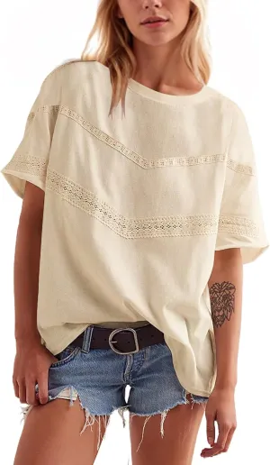 Womens Oversized Lace Patchwork Tops Summer Short Sleeve T Shirt Crew Neck Blouse Casual Boho Basic Tops Outfits