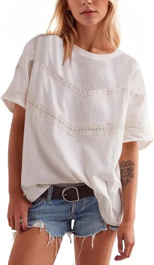 Womens Oversized Lace Patchwork Tops Summer Short Sleeve T Shirt Crew Neck Blouse Casual Boho Basic Tops Outfits