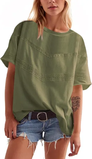 Womens Oversized Lace Patchwork Tops Summer Short Sleeve T Shirt Crew Neck Blouse Casual Boho Basic Tops Outfits