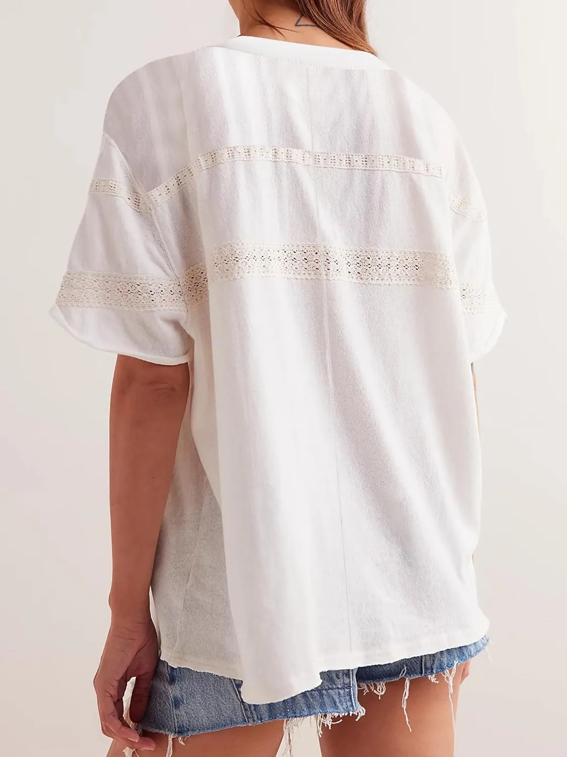 Womens Oversized Lace Patchwork Tops Summer Short Sleeve T Shirt Crew Neck Blouse Casual Boho Basic Tops Outfits