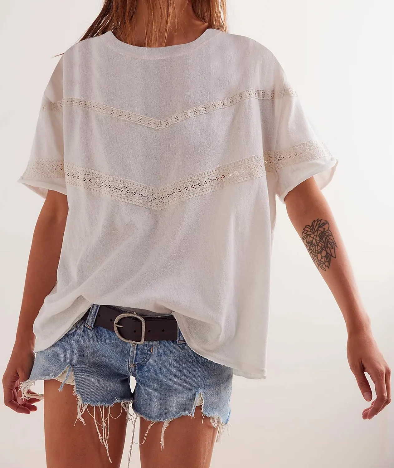 Womens Oversized Lace Patchwork Tops Summer Short Sleeve T Shirt Crew Neck Blouse Casual Boho Basic Tops Outfits