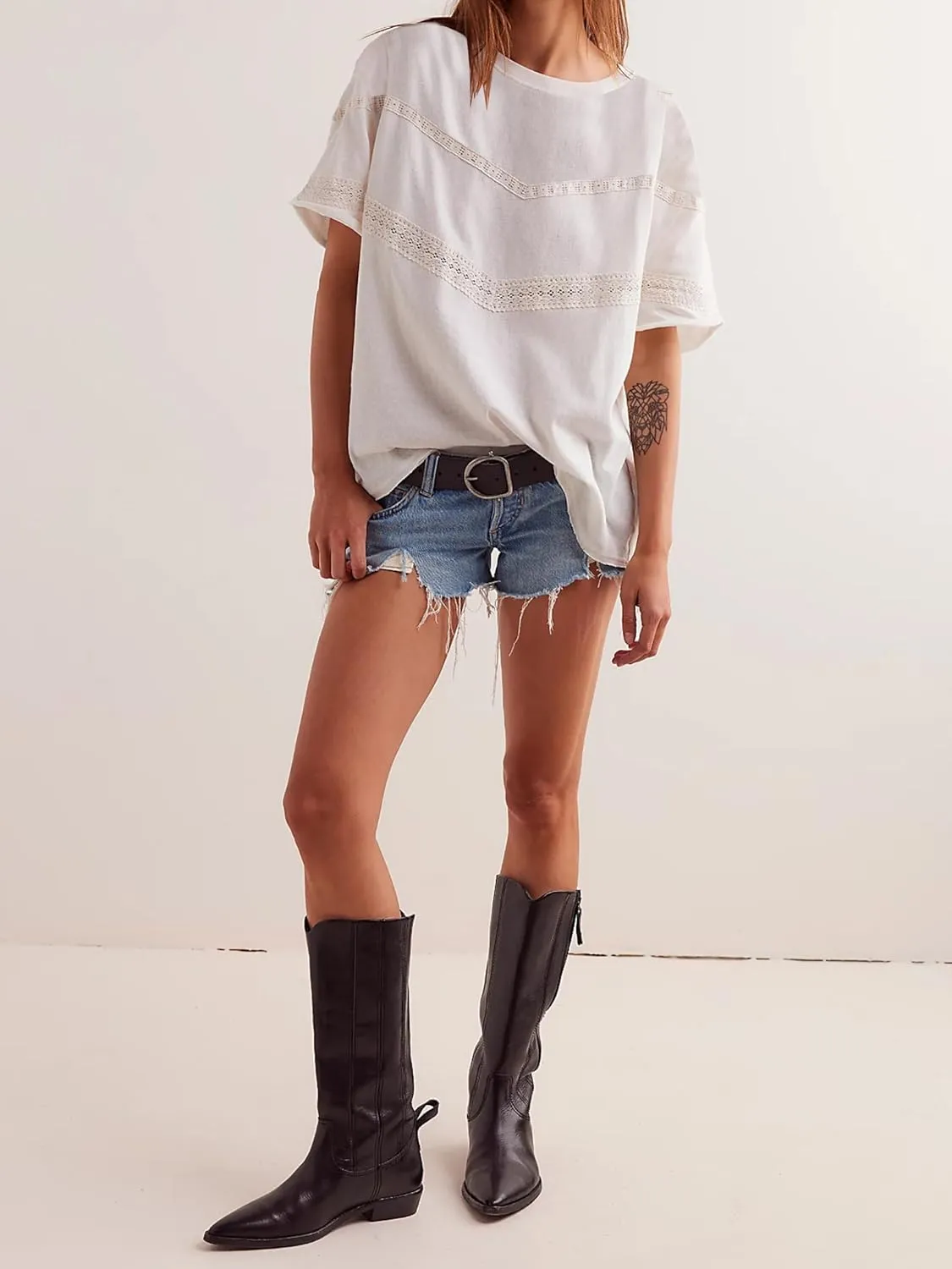 Womens Oversized Lace Patchwork Tops Summer Short Sleeve T Shirt Crew Neck Blouse Casual Boho Basic Tops Outfits
