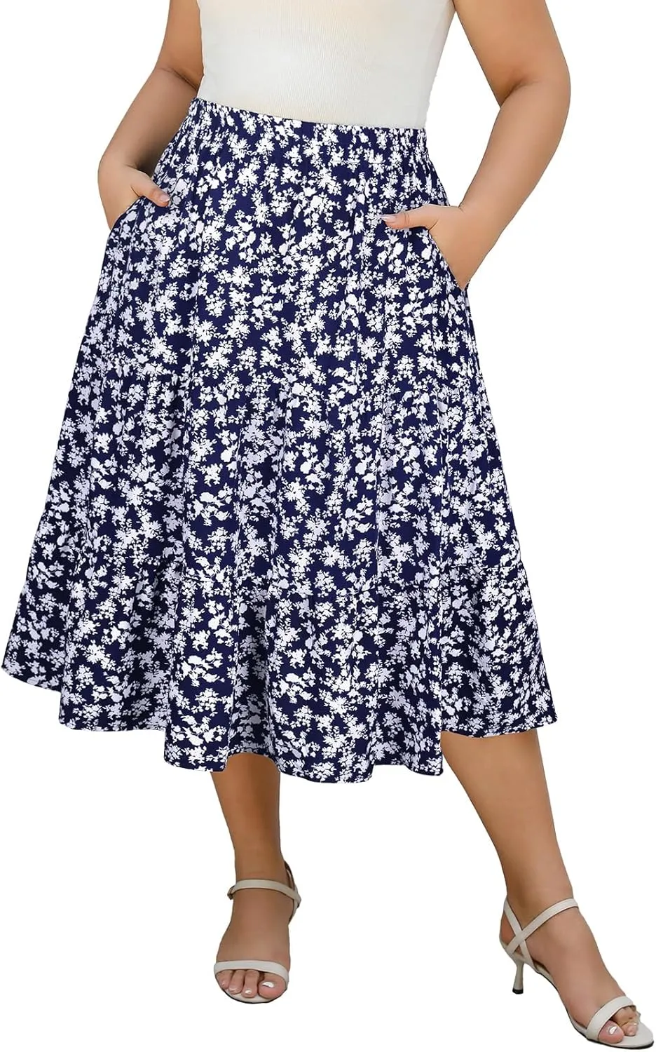 Women's Plus Size Casual Summer Midi Skirt with Pockets 1X-4X Tiered Lightweight Crinkle Fabric A-line Skirts