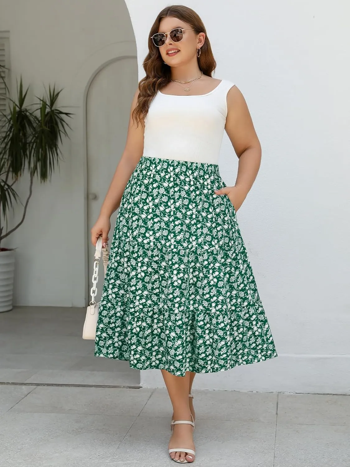 Women's Plus Size Casual Summer Midi Skirt with Pockets 1X-4X Tiered Lightweight Crinkle Fabric A-line Skirts