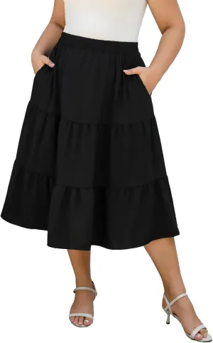 Women's Plus Size Casual Summer Midi Skirt with Pockets 1X-4X Tiered Lightweight Crinkle Fabric A-line Skirts