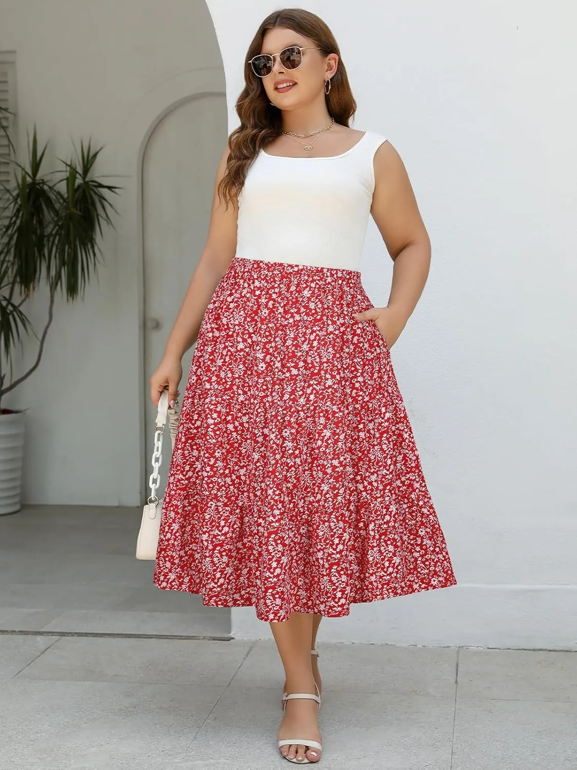 Women's Plus Size Casual Summer Midi Skirt with Pockets 1X-4X Tiered Lightweight Crinkle Fabric A-line Skirts