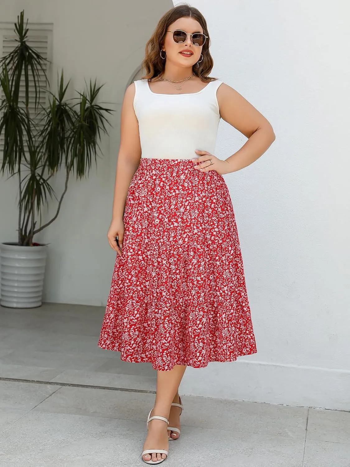 Women's Plus Size Casual Summer Midi Skirt with Pockets 1X-4X Tiered Lightweight Crinkle Fabric A-line Skirts