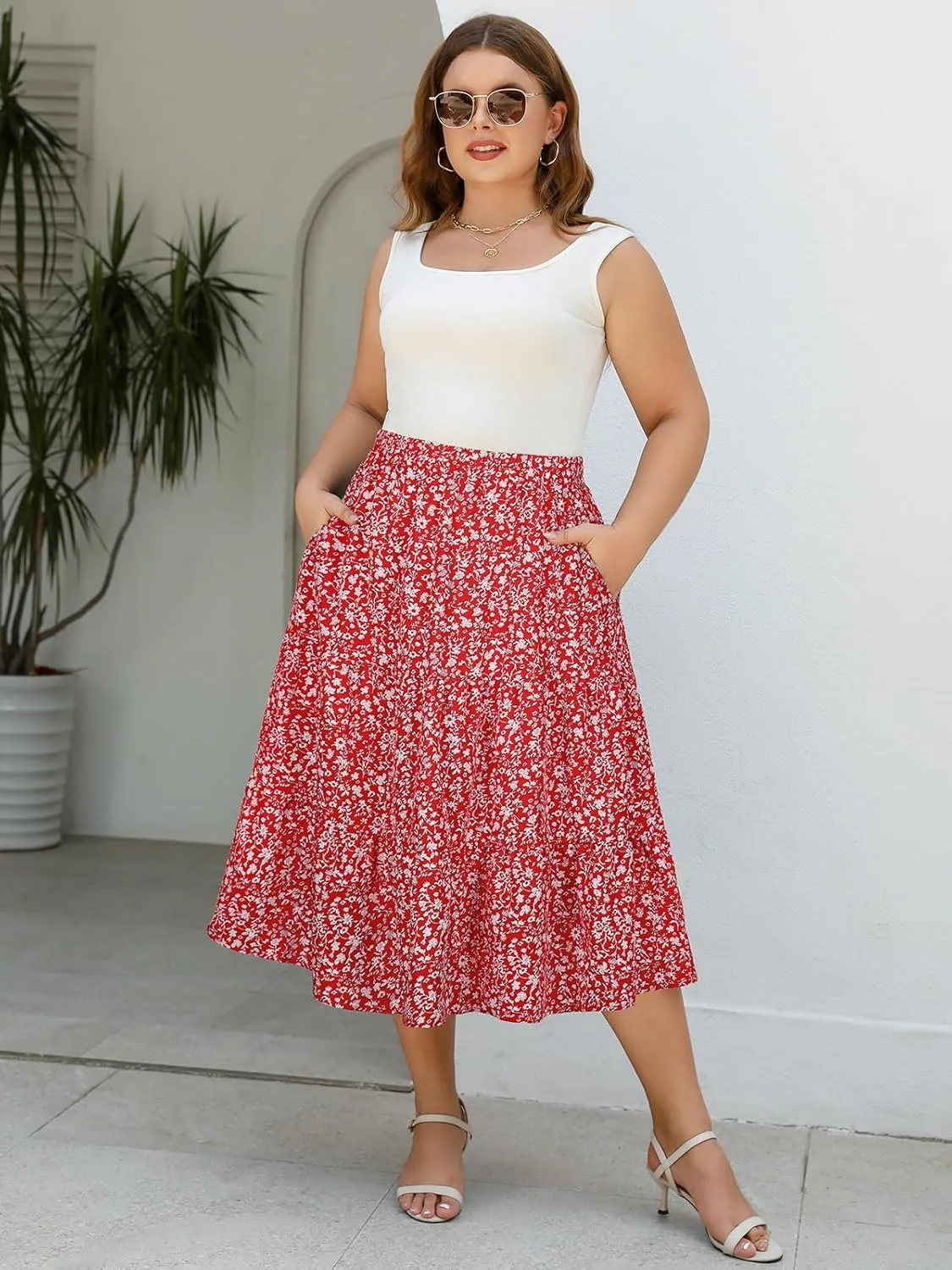 Women's Plus Size Casual Summer Midi Skirt with Pockets 1X-4X Tiered Lightweight Crinkle Fabric A-line Skirts