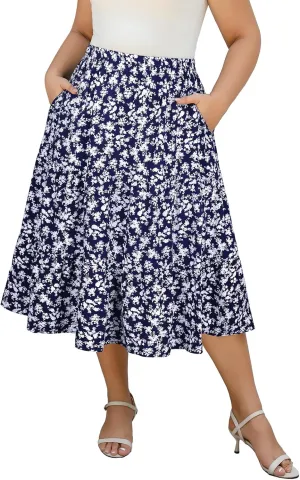 Women's Plus Size Casual Summer Midi Skirt with Pockets 1X-4X Tiered Lightweight Crinkle Fabric A-line Skirts