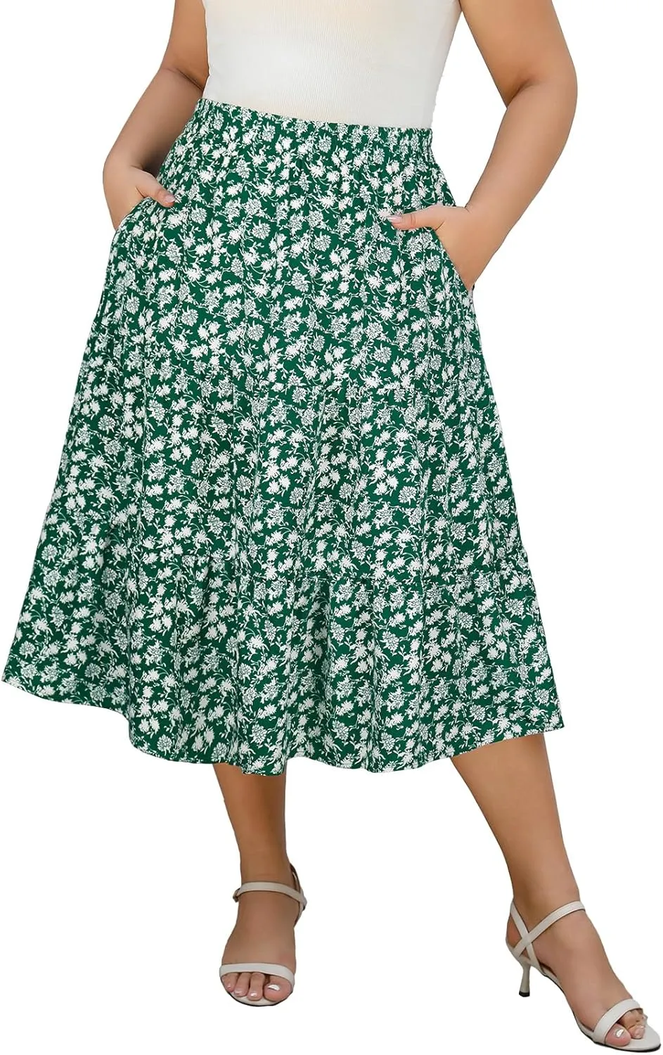 Women's Plus Size Casual Summer Midi Skirt with Pockets 1X-4X Tiered Lightweight Crinkle Fabric A-line Skirts