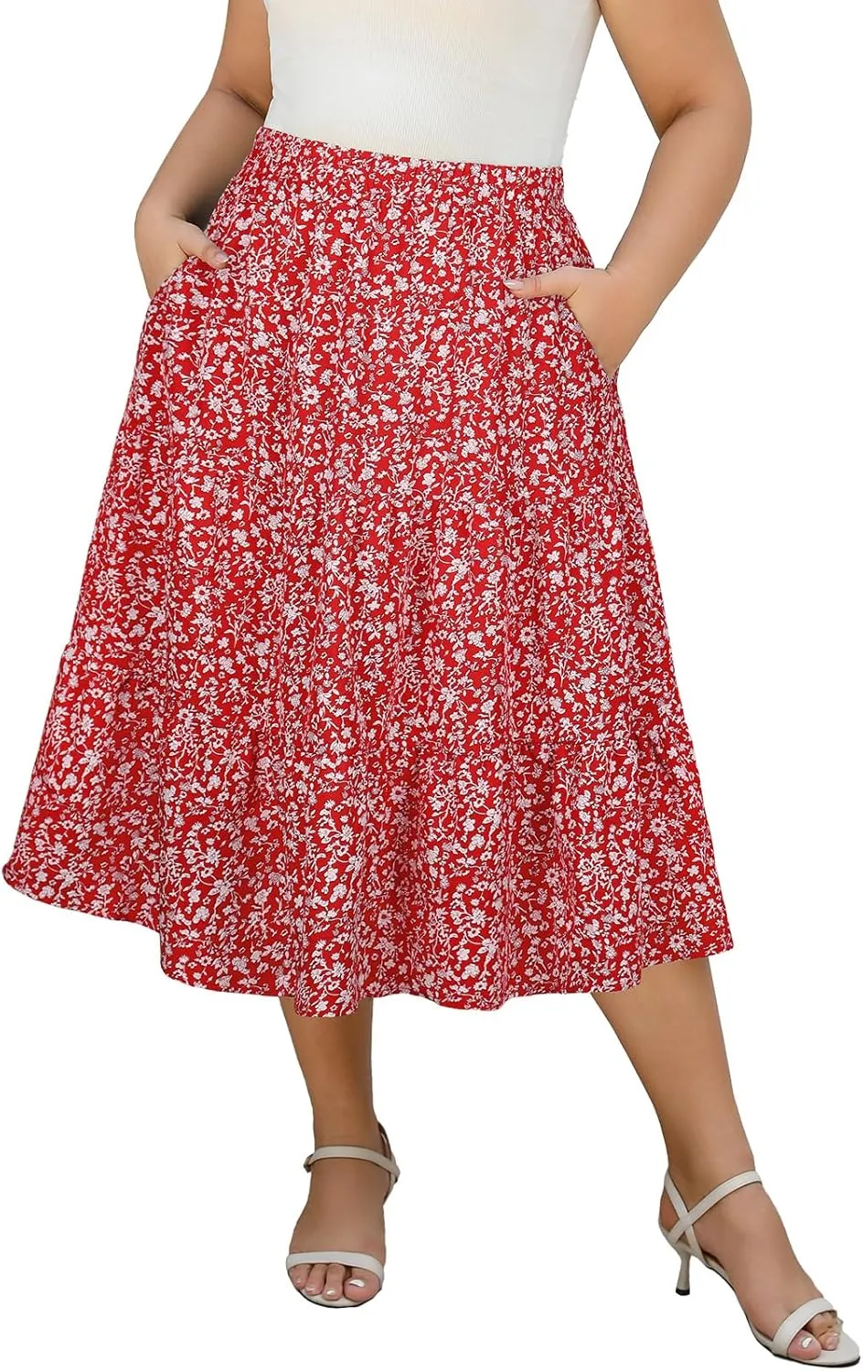 Women's Plus Size Casual Summer Midi Skirt with Pockets 1X-4X Tiered Lightweight Crinkle Fabric A-line Skirts