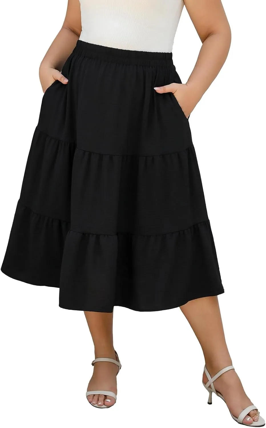 Women's Plus Size Casual Summer Midi Skirt with Pockets 1X-4X Tiered Lightweight Crinkle Fabric A-line Skirts