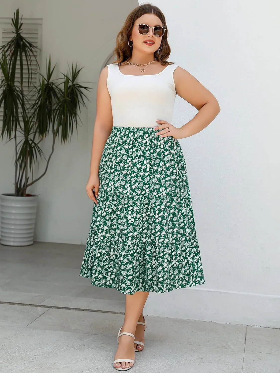 Women's Plus Size Casual Summer Midi Skirt with Pockets 1X-4X Tiered Lightweight Crinkle Fabric A-line Skirts