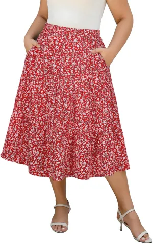 Women's Plus Size Casual Summer Midi Skirt with Pockets 1X-4X Tiered Lightweight Crinkle Fabric A-line Skirts