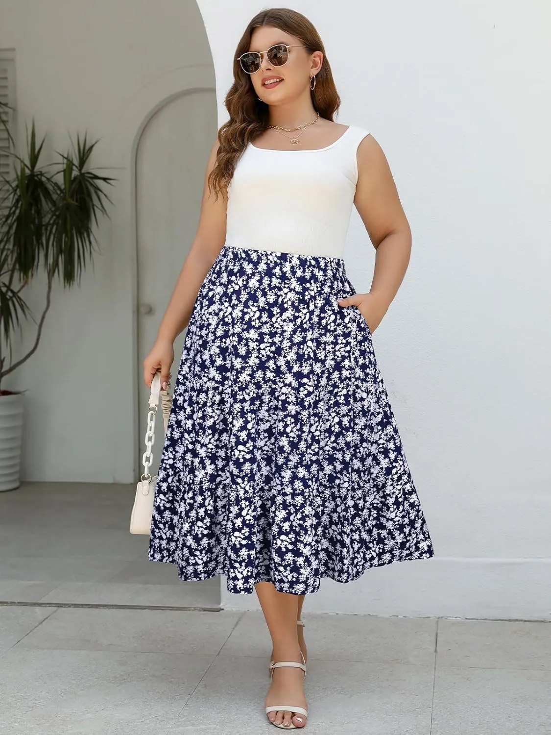 Women's Plus Size Casual Summer Midi Skirt with Pockets 1X-4X Tiered Lightweight Crinkle Fabric A-line Skirts
