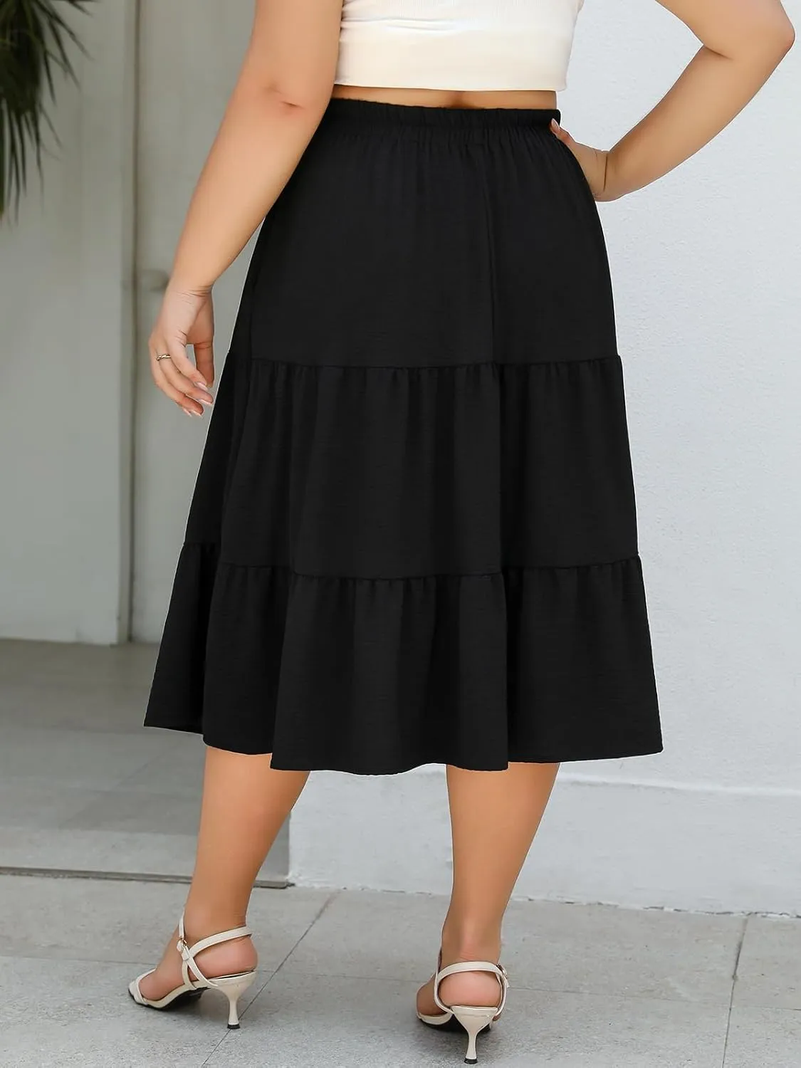 Women's Plus Size Casual Summer Midi Skirt with Pockets 1X-4X Tiered Lightweight Crinkle Fabric A-line Skirts