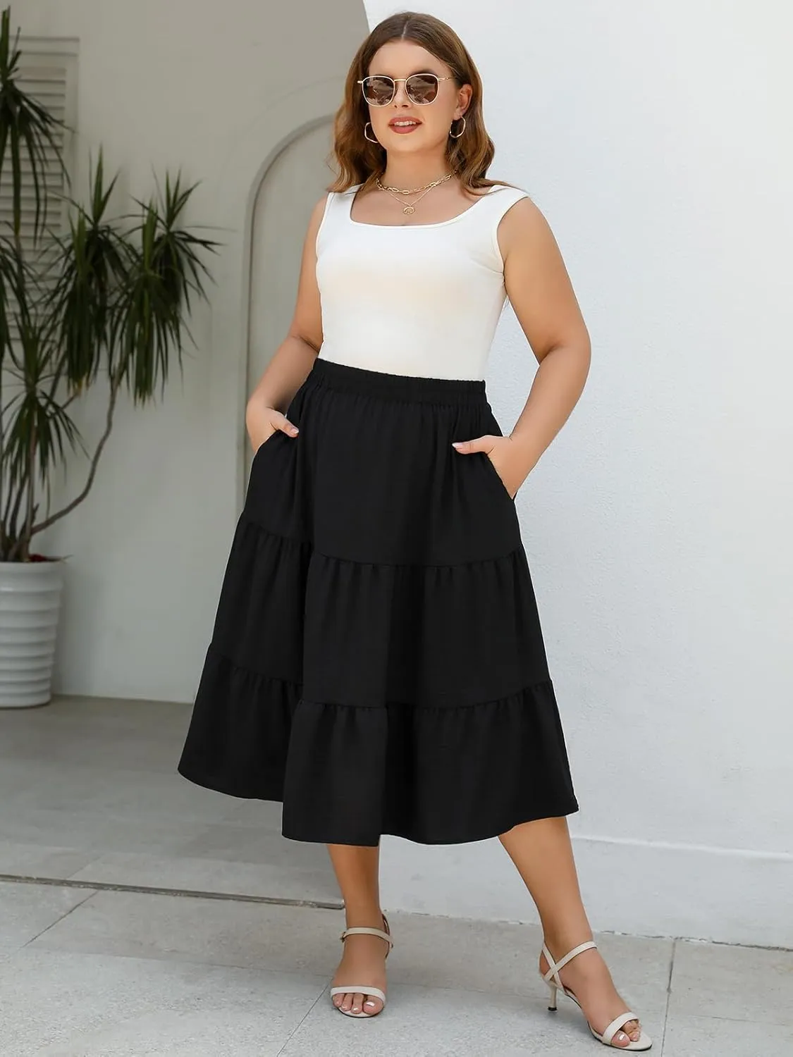 Women's Plus Size Casual Summer Midi Skirt with Pockets 1X-4X Tiered Lightweight Crinkle Fabric A-line Skirts