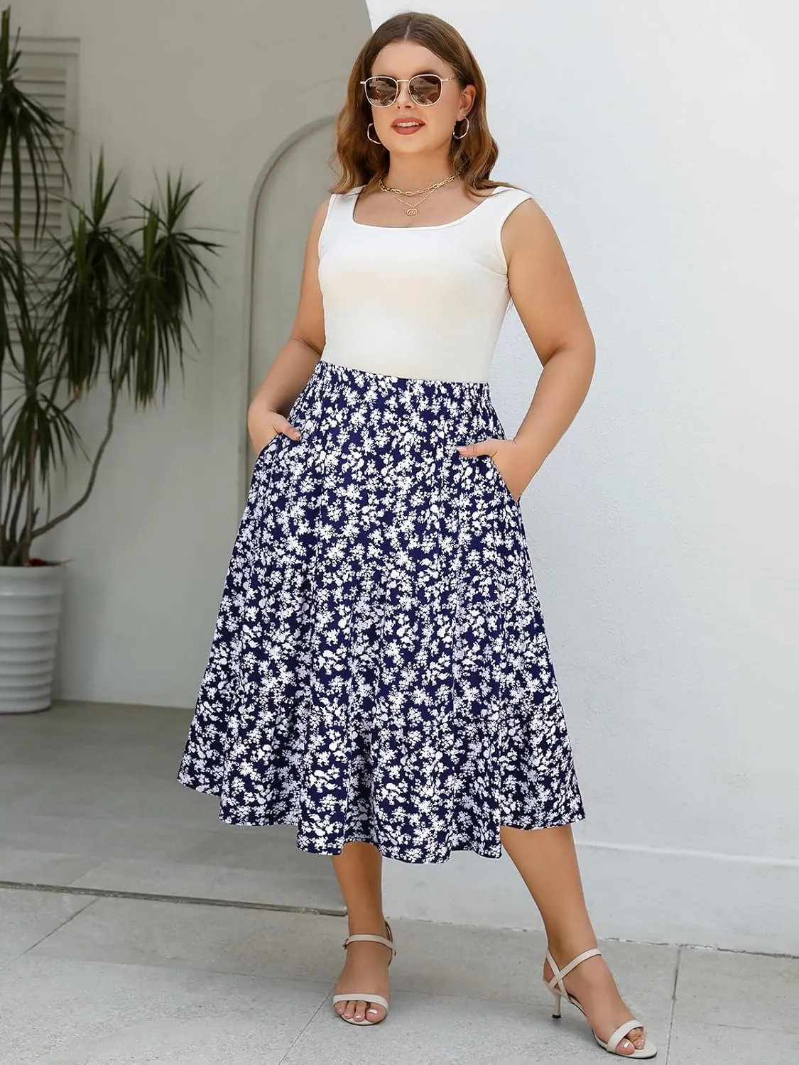 Women's Plus Size Casual Summer Midi Skirt with Pockets 1X-4X Tiered Lightweight Crinkle Fabric A-line Skirts