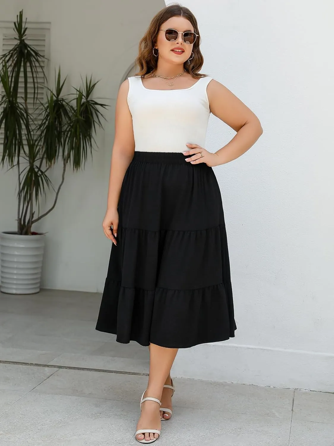 Women's Plus Size Casual Summer Midi Skirt with Pockets 1X-4X Tiered Lightweight Crinkle Fabric A-line Skirts