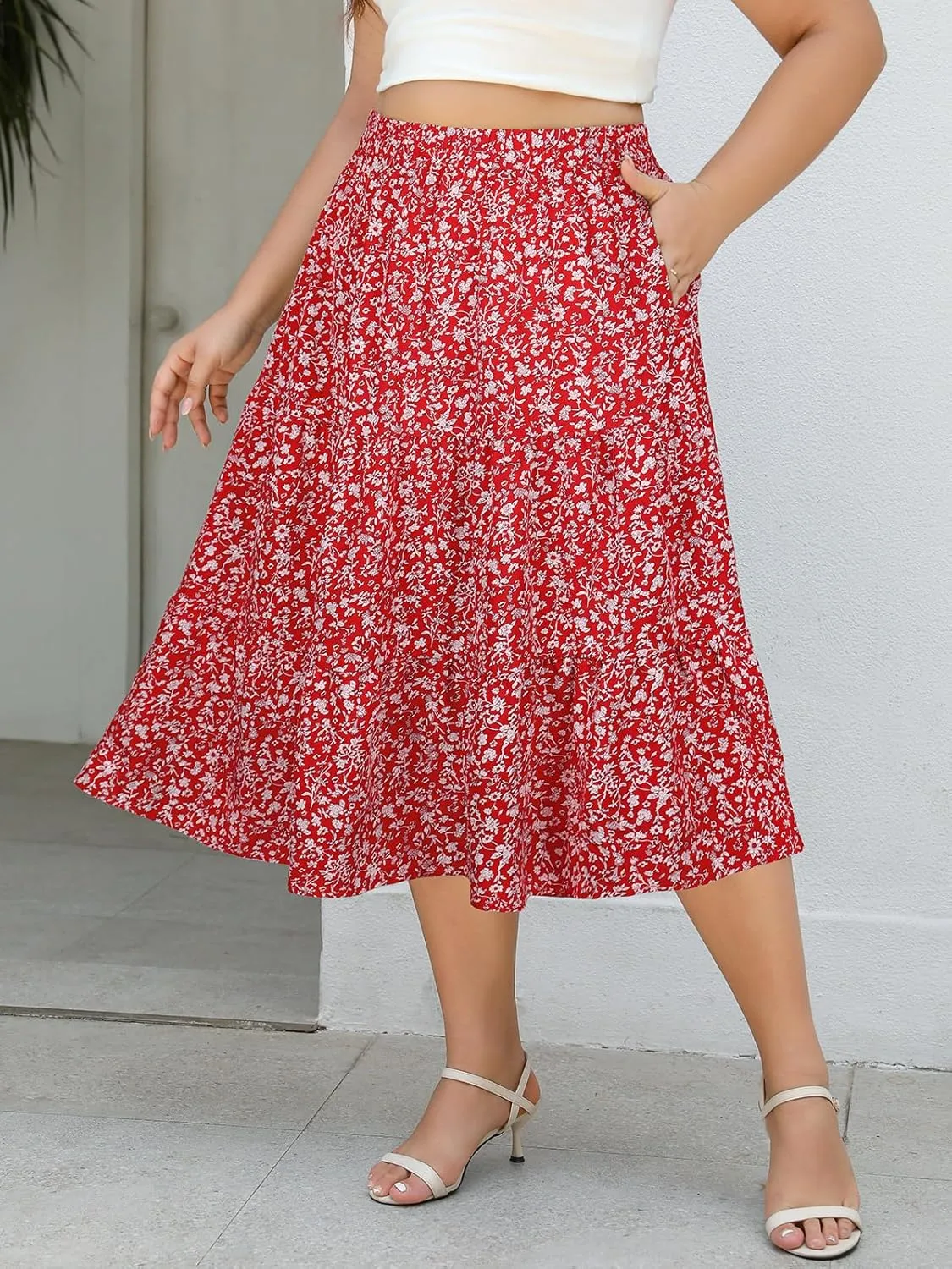Women's Plus Size Casual Summer Midi Skirt with Pockets 1X-4X Tiered Lightweight Crinkle Fabric A-line Skirts