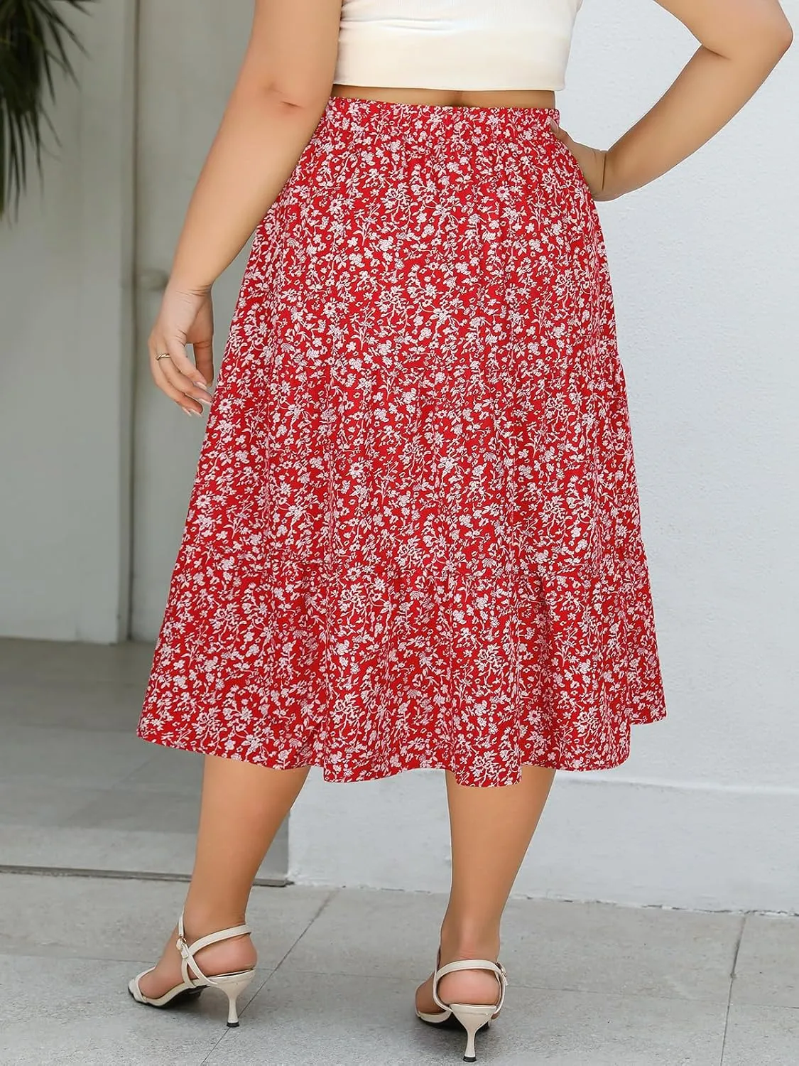 Women's Plus Size Casual Summer Midi Skirt with Pockets 1X-4X Tiered Lightweight Crinkle Fabric A-line Skirts
