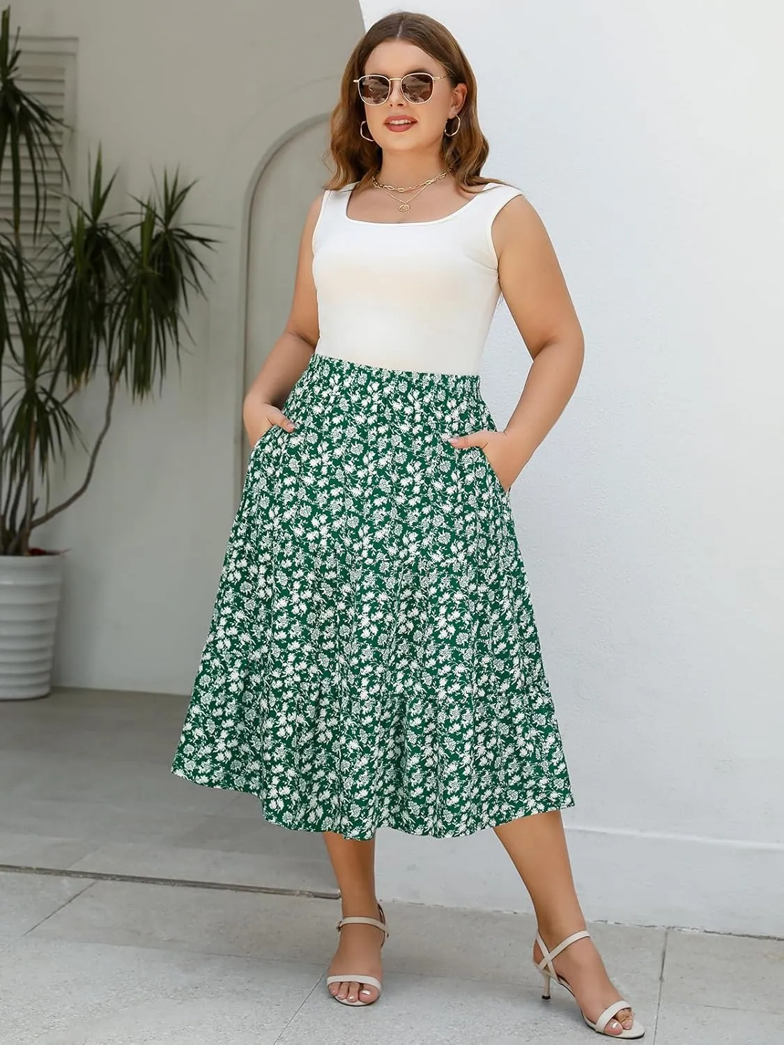 Women's Plus Size Casual Summer Midi Skirt with Pockets 1X-4X Tiered Lightweight Crinkle Fabric A-line Skirts
