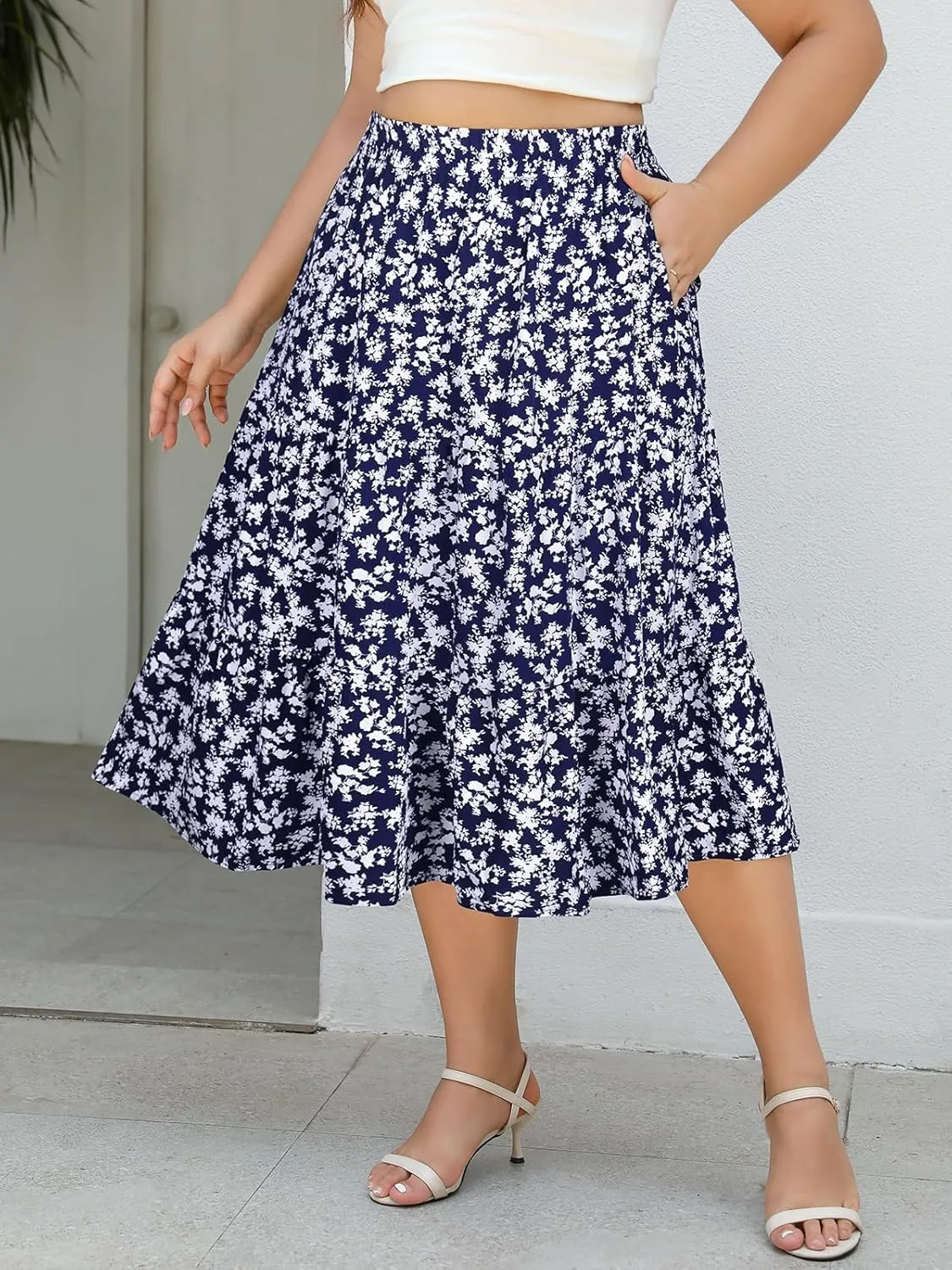 Women's Plus Size Casual Summer Midi Skirt with Pockets 1X-4X Tiered Lightweight Crinkle Fabric A-line Skirts