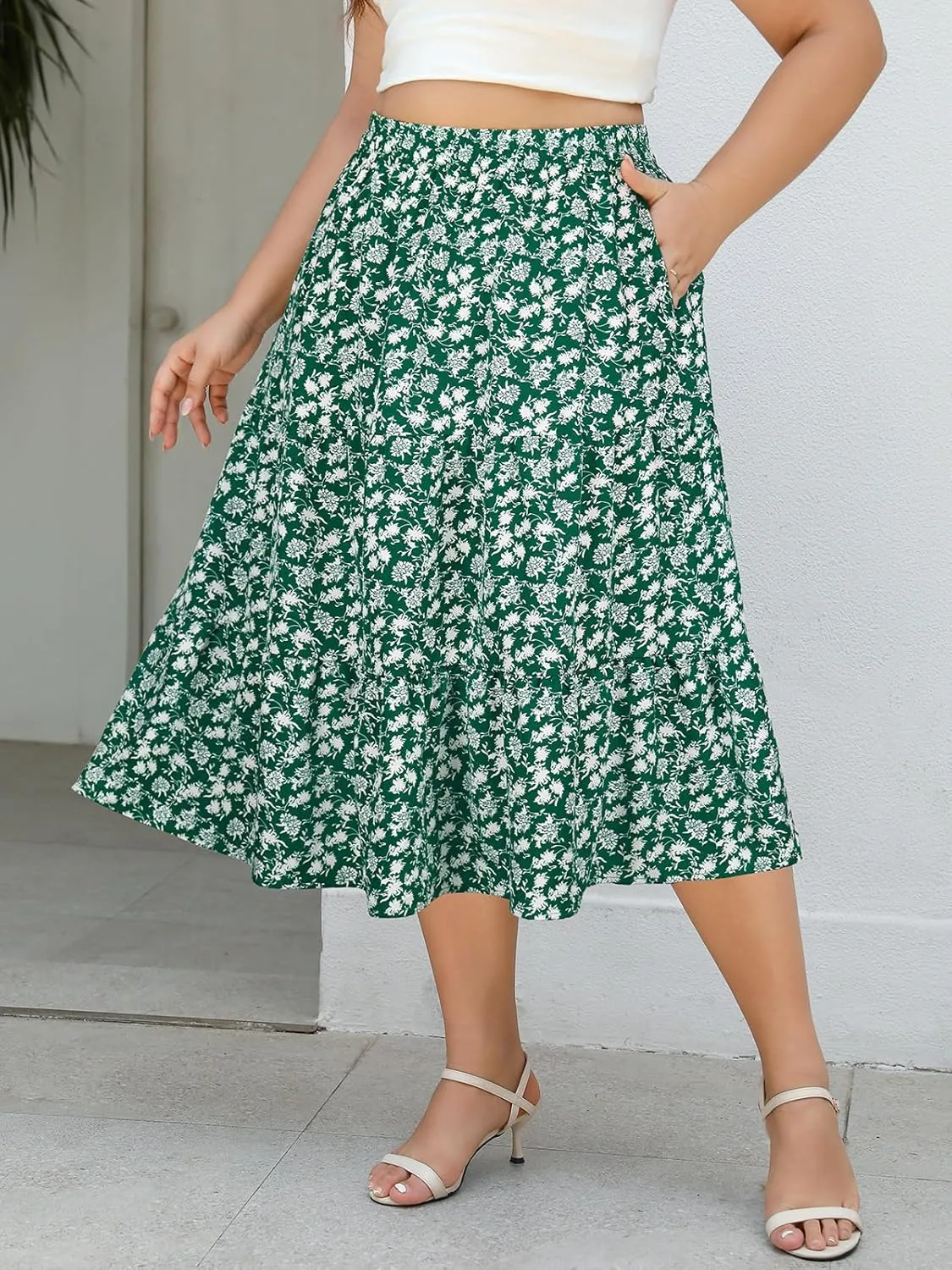 Women's Plus Size Casual Summer Midi Skirt with Pockets 1X-4X Tiered Lightweight Crinkle Fabric A-line Skirts