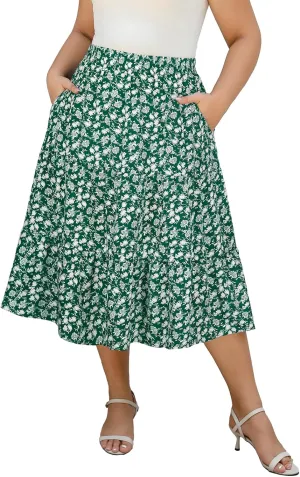 Women's Plus Size Casual Summer Midi Skirt with Pockets 1X-4X Tiered Lightweight Crinkle Fabric A-line Skirts