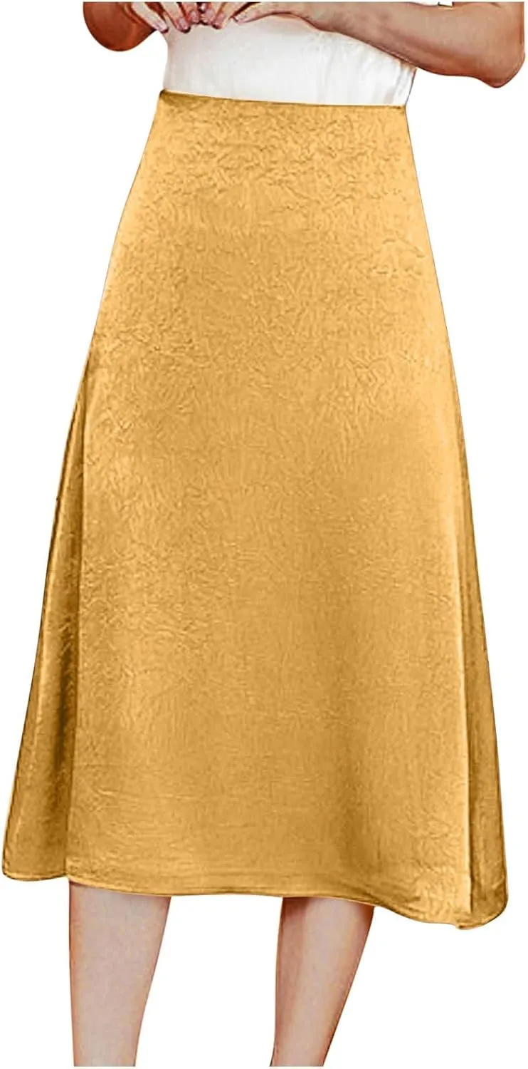 Women's Satin Casual Midi Skirt, Solid Color High Waisted Basic A-Line Skirts Lightweight Comfy Flowy Clothes