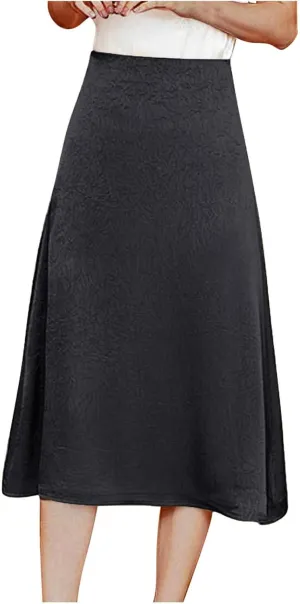 Women's Satin Casual Midi Skirt, Solid Color High Waisted Basic A-Line Skirts Lightweight Comfy Flowy Clothes