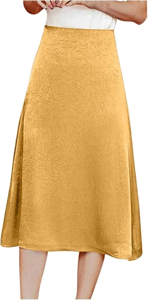 Women's Satin Casual Midi Skirt, Solid Color High Waisted Basic A-Line Skirts Lightweight Comfy Flowy Clothes