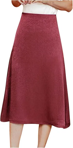 Women's Satin Casual Midi Skirt, Solid Color High Waisted Basic A-Line Skirts Lightweight Comfy Flowy Clothes