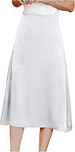 Women's Satin Casual Midi Skirt, Solid Color High Waisted Basic A-Line Skirts Lightweight Comfy Flowy Clothes