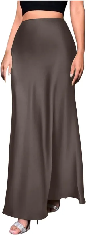 Womens Satin Silk Maxi Skirt Elegant High Waist Cocktail Party Mermaid Skirts Slim Fit Flowy Wedding Long Skirt