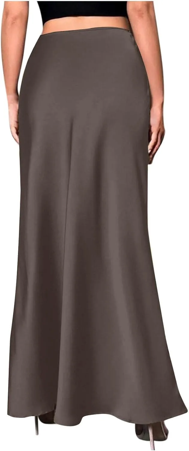 Womens Satin Silk Maxi Skirt Elegant High Waist Cocktail Party Mermaid Skirts Slim Fit Flowy Wedding Long Skirt