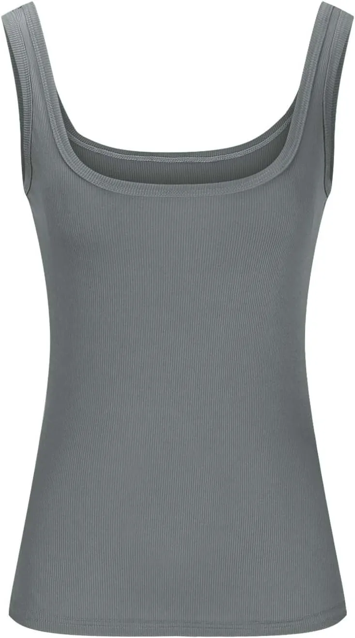 Women's Scoop Neck Sleeveless Knit Tank Tops Slim Fit Double Lined Tops Basic Going Out Y2k Summer Tight T Shirts