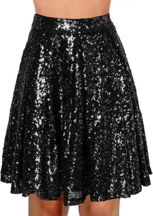 Women's Sequin Skirt Sparkle Stretchy Birthday Cake Skirt Puffy Skirt Mini Skirts with Belt Club Night Silver