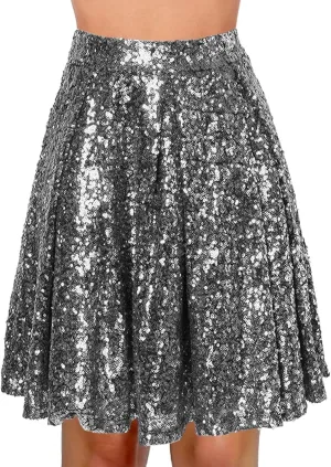 Women's Sequin Skirt Sparkle Stretchy Birthday Cake Skirt Puffy Skirt Mini Skirts with Belt Club Night Silver