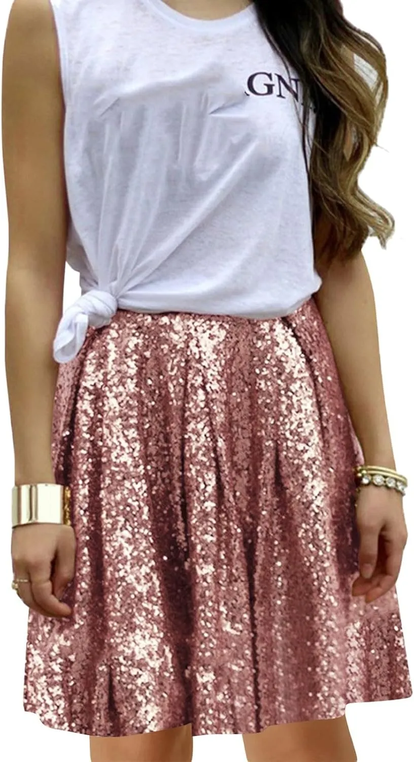 Women's Sequin Skirt Sparkle Stretchy Birthday Cake Skirt Puffy Skirt Mini Skirts with Belt Club Night Silver