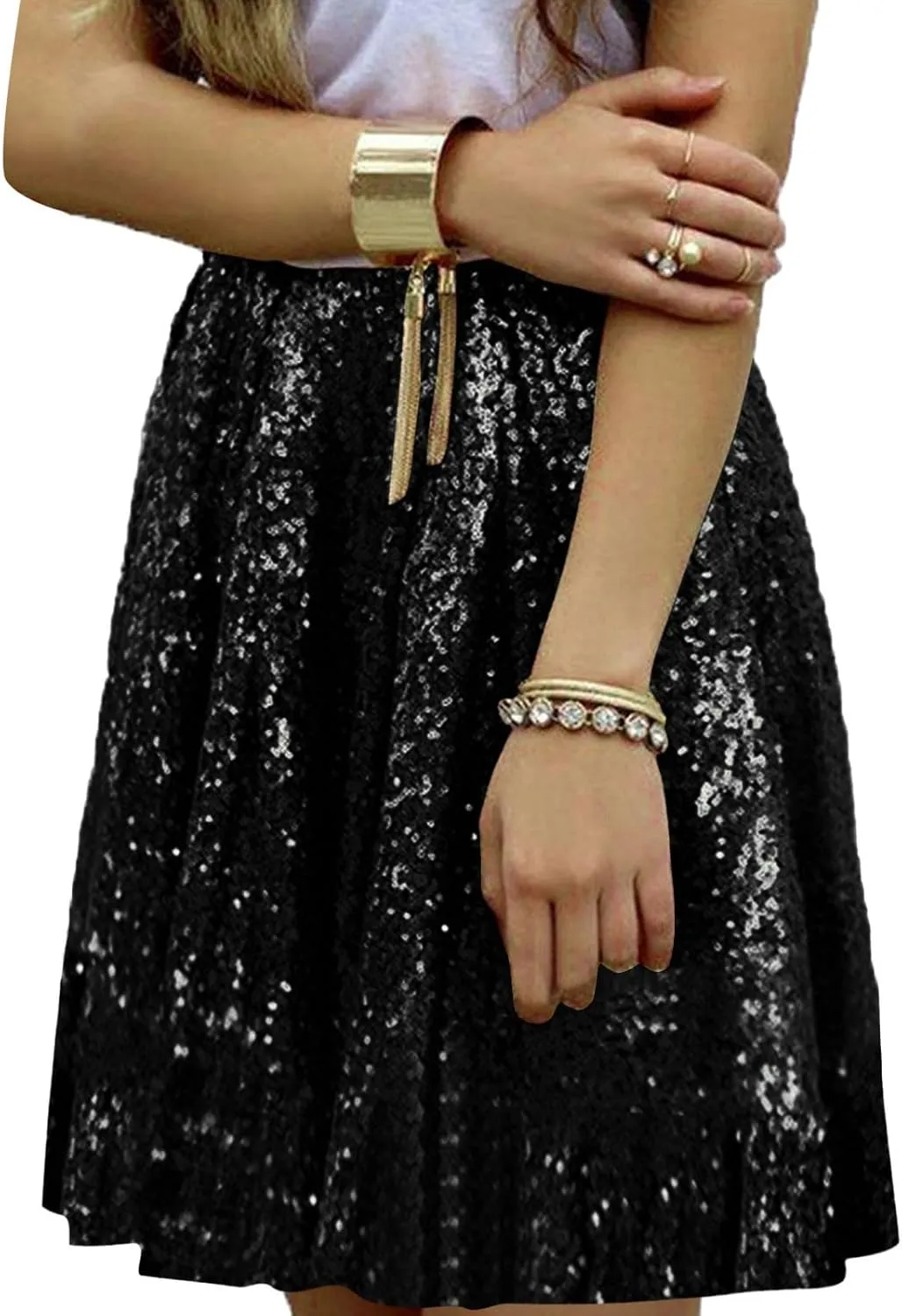 Women's Sequin Skirt Sparkle Stretchy Birthday Cake Skirt Puffy Skirt Mini Skirts with Belt Club Night Silver