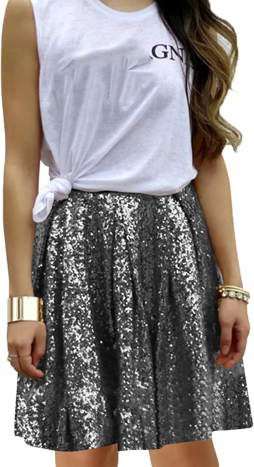 Women's Sequin Skirt Sparkle Stretchy Birthday Cake Skirt Puffy Skirt Mini Skirts with Belt Club Night Silver
