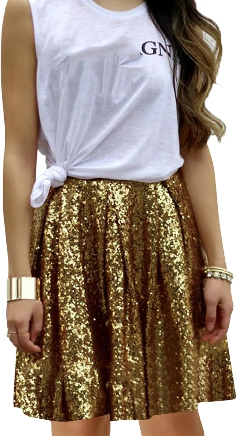 Women's Sequin Skirt Sparkle Stretchy Birthday Cake Skirt Puffy Skirt Mini Skirts with Belt Club Night Silver