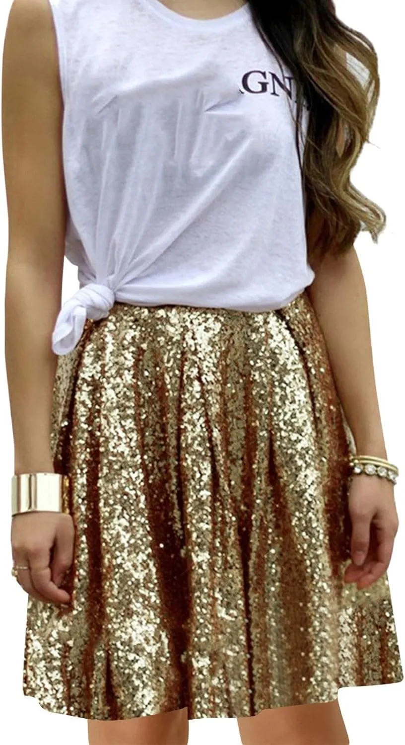 Women's Sequin Skirt Sparkle Stretchy Birthday Cake Skirt Puffy Skirt Mini Skirts with Belt Club Night Silver
