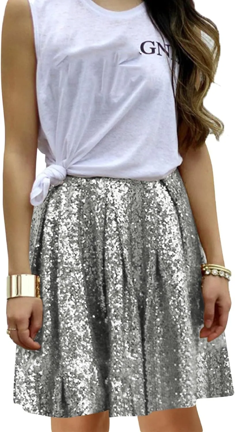 Women's Sequin Skirt Sparkle Stretchy Birthday Cake Skirt Puffy Skirt Mini Skirts with Belt Club Night Silver