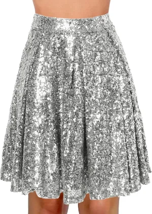 Women's Sequin Skirt Sparkle Stretchy Birthday Cake Skirt Puffy Skirt Mini Skirts with Belt Club Night Silver